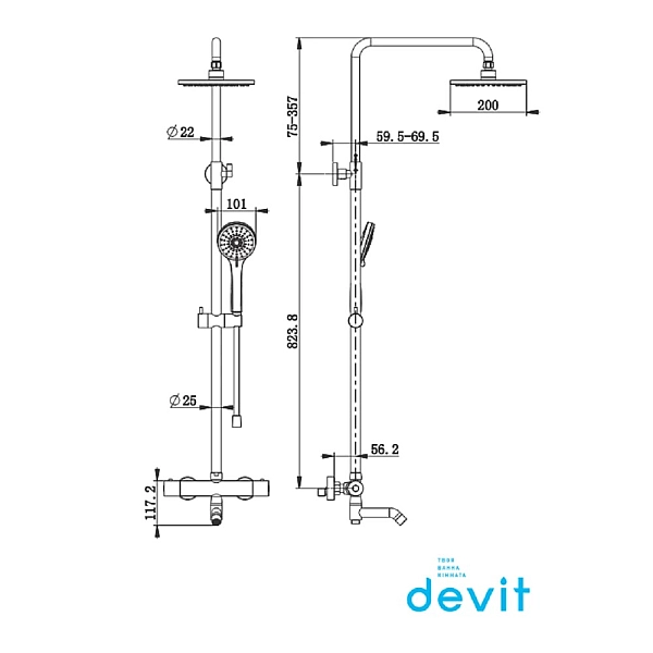 50502203 DEVIT PL FRIDA Душова система з виливом і термостатом д/душа, хром (1 сорт) - Фото - 2