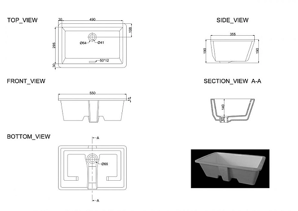 1611132 QUADRA Раковина під стільницю 550х355х190 (1 сорт) - Фото - 2