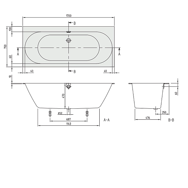 uBQ170OBR2DV-01 OBERON 2.0 Ванна 170х75 (1 сорт)