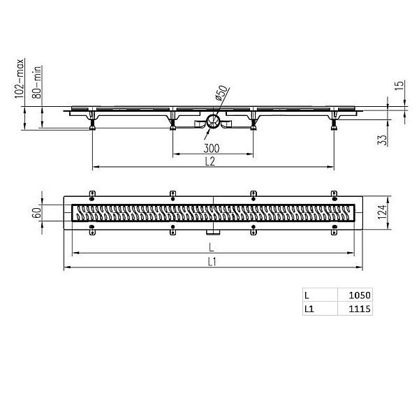 CH 1050/50 KN 1 Душовий канал 1050 мм з матовою решіткою Класік та Під плитку, нержавіюча сталь, горизонтальний фланець, кромка з нержавіючої сталі (1 сорт) - Фото - 2