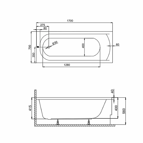 CLAS17070 CLASSIC Ванна 170x70 см + ніжки (1 сорт) - Фото - 4