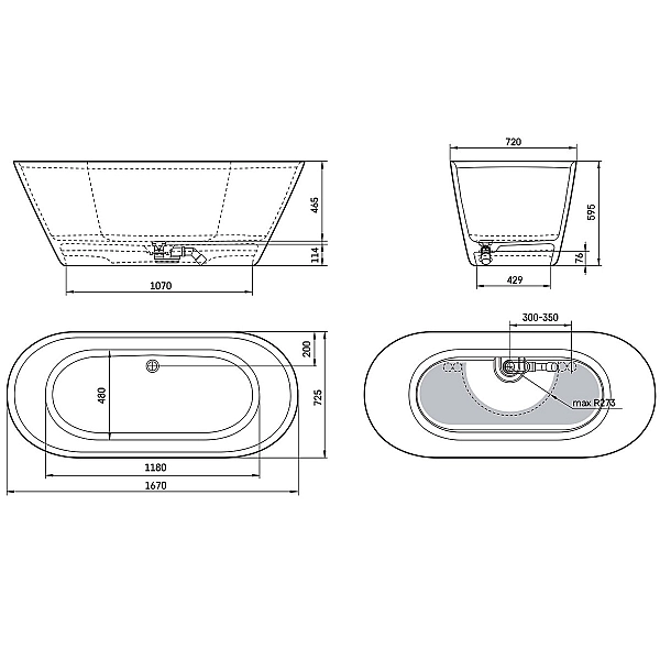 17070130WL Style Lite Ванна окремостояча 167x72,5 см з литого (штучного) каменю Caststone, без переливу, з сифоном, колір білий глянець (1 сорт) - Фото - 2