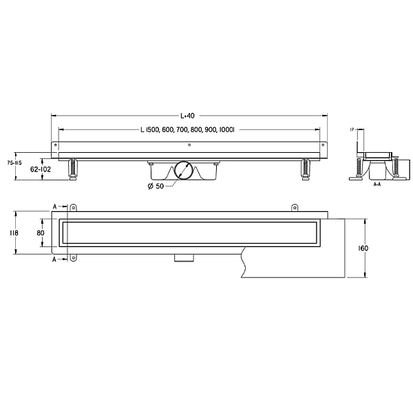 UN70110 Universal Душовий канал 70 пристінний з нержавіючої сталі та низьким сифоном і накладкою, з горизонтальним виводом, хром (1 сорт) - Фото - 2