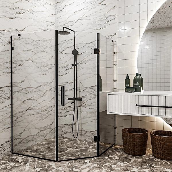 SE0140B ART 3.0 Душова кабіна, п'ятикутна, розпашна, 900*900, без піддона, скло прозоре, чорна матова (1 сорт) - Фото - 2