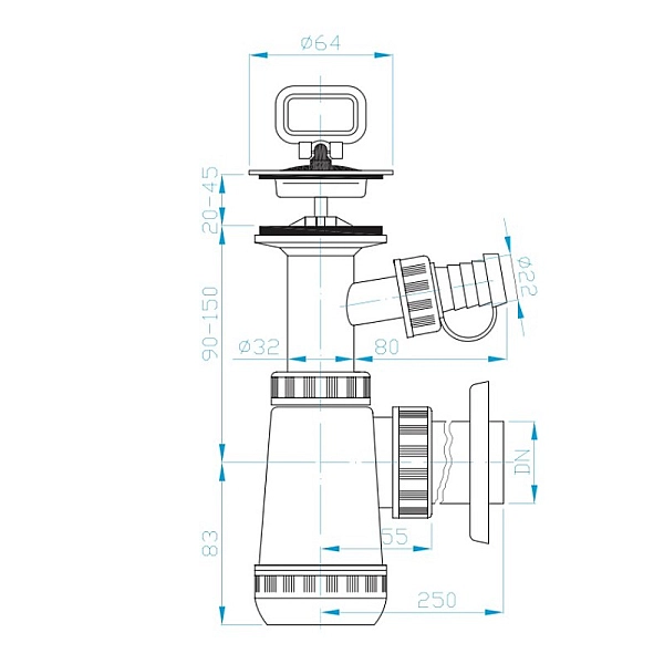 DV1N332 Пластиковий сифон для раковини з накладкою та виходом для пральних машин, випуск 32 мм, хром (1 сорт) - Фото - 2