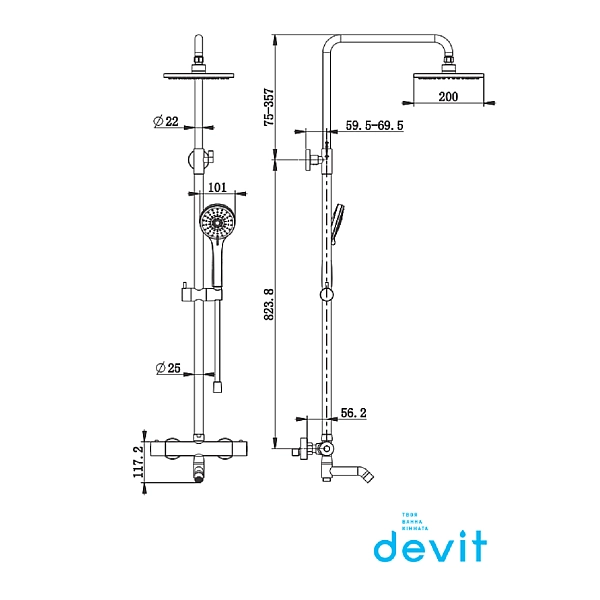 50502203B FRIDA Душова система з виливом і термостатом д/душа, чорний матовий (1 сорт) - Фото - 2