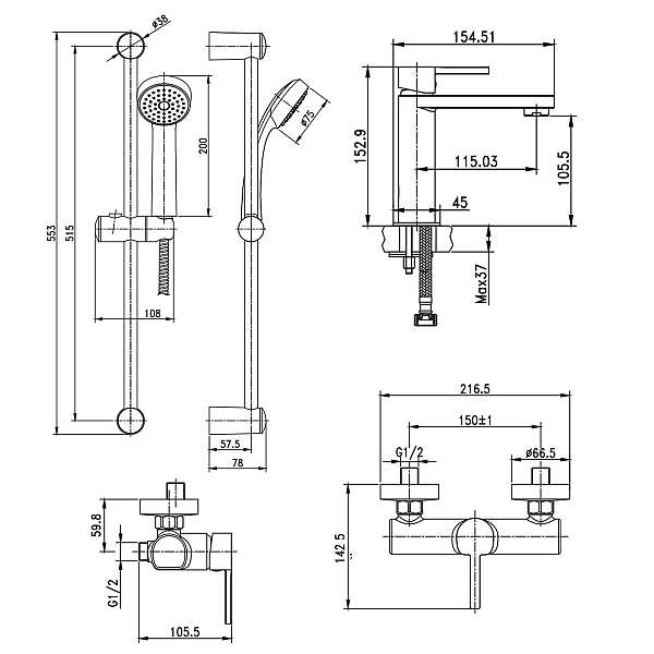 47566134 SHOW Набір змішувачів (Змішувач для раковини, змішувач для душу, штанга, шланг, ручний душ) (1 сорт) - Фото - 2
