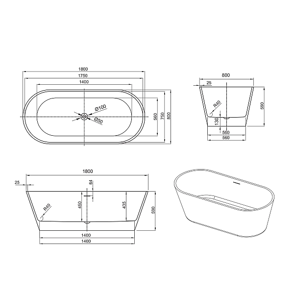 18002102 STYLE Ванна акрилова окремостояча 180x80 см, біла глянцева (1 сорт) - Фото - 2
