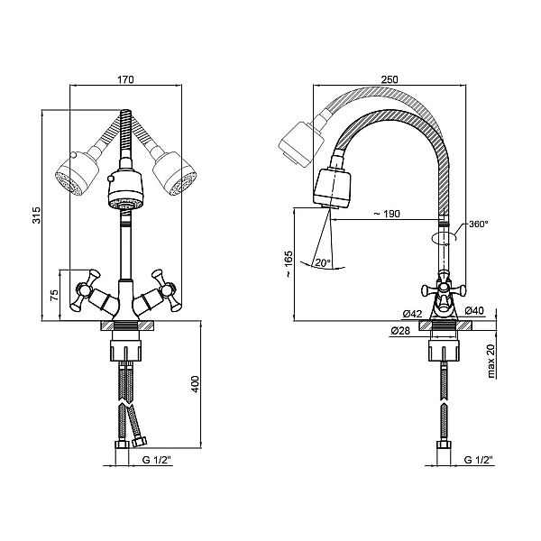 Смеситель для кухни Lidz Lamb 274F двухвентильный с гибким изливом LDLAM274FCRM35074 Chrome - Фото - 2